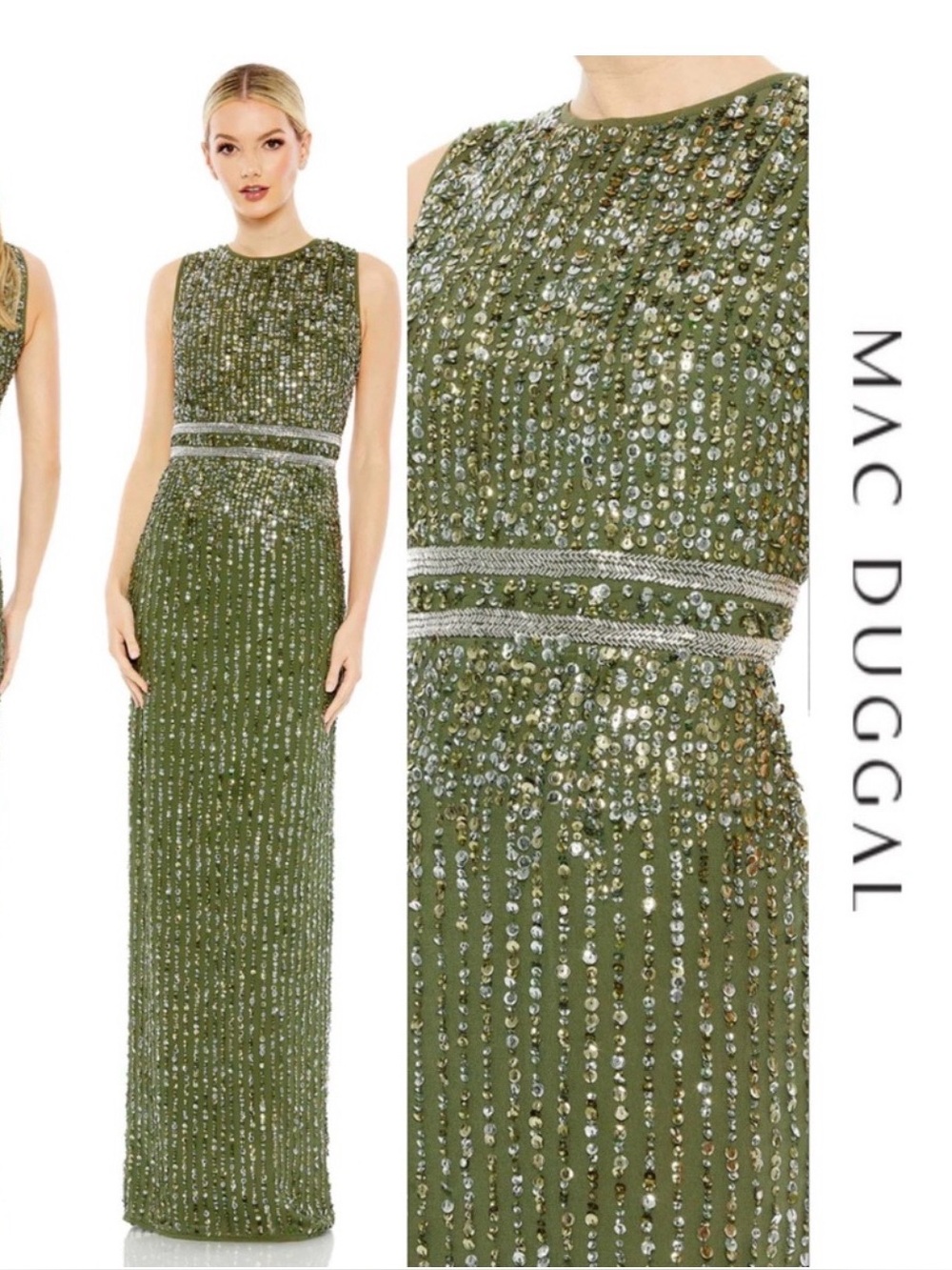NWT!  Size 8 FLAWS Mac Duggal Olive Green Sequin Column Gown